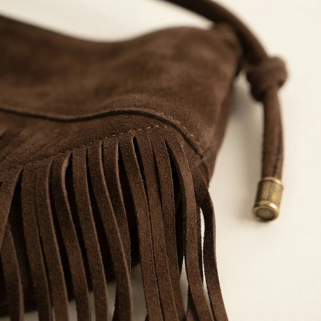Close-up of fringe stitching and texture on Brown faux suede fringe bag