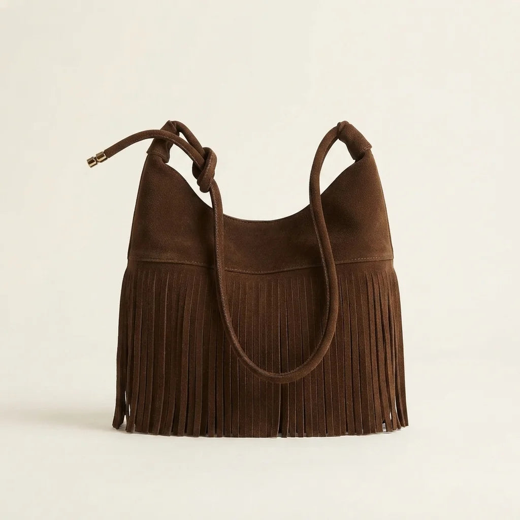 Brown faux suede fringe bag, front view