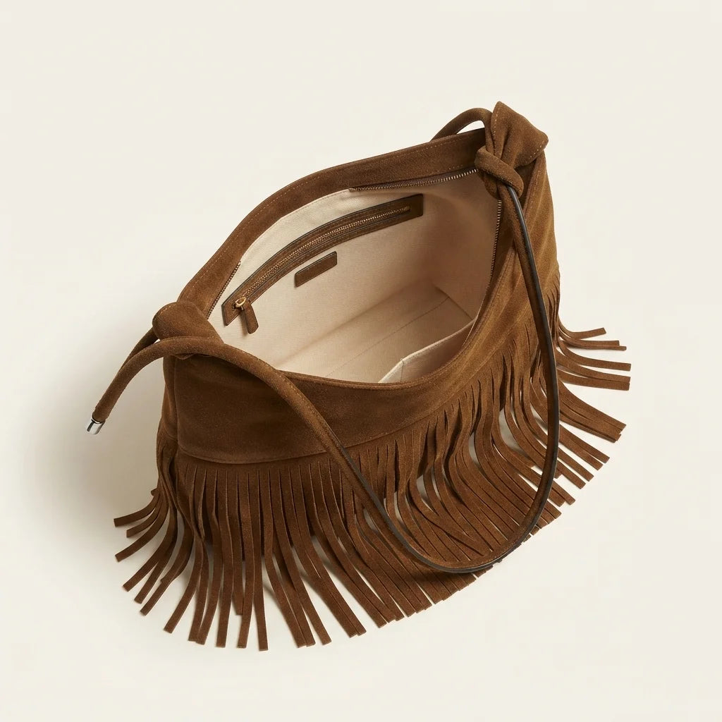 Interior lining and pockets of Brown faux suede fringe bag