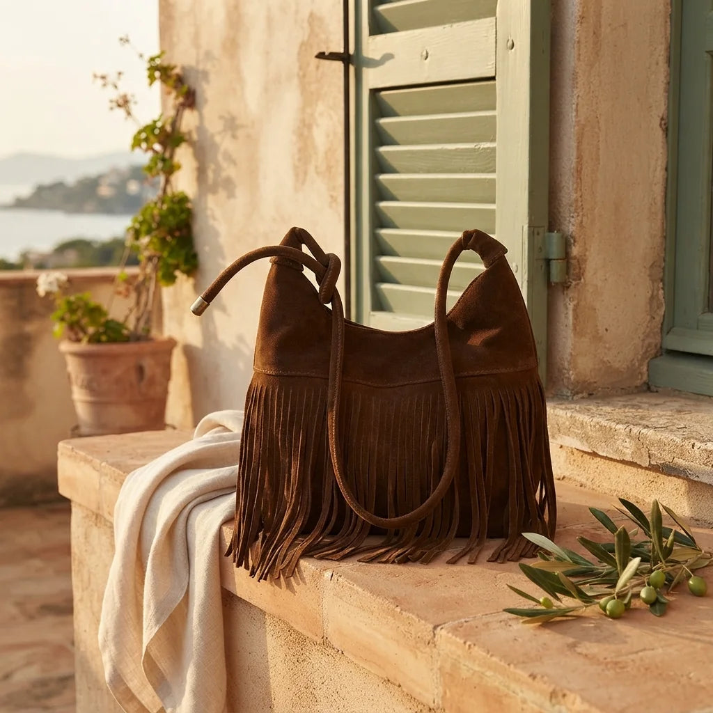 Brown faux suede fringe bag styled in a warm Mediterranean setting