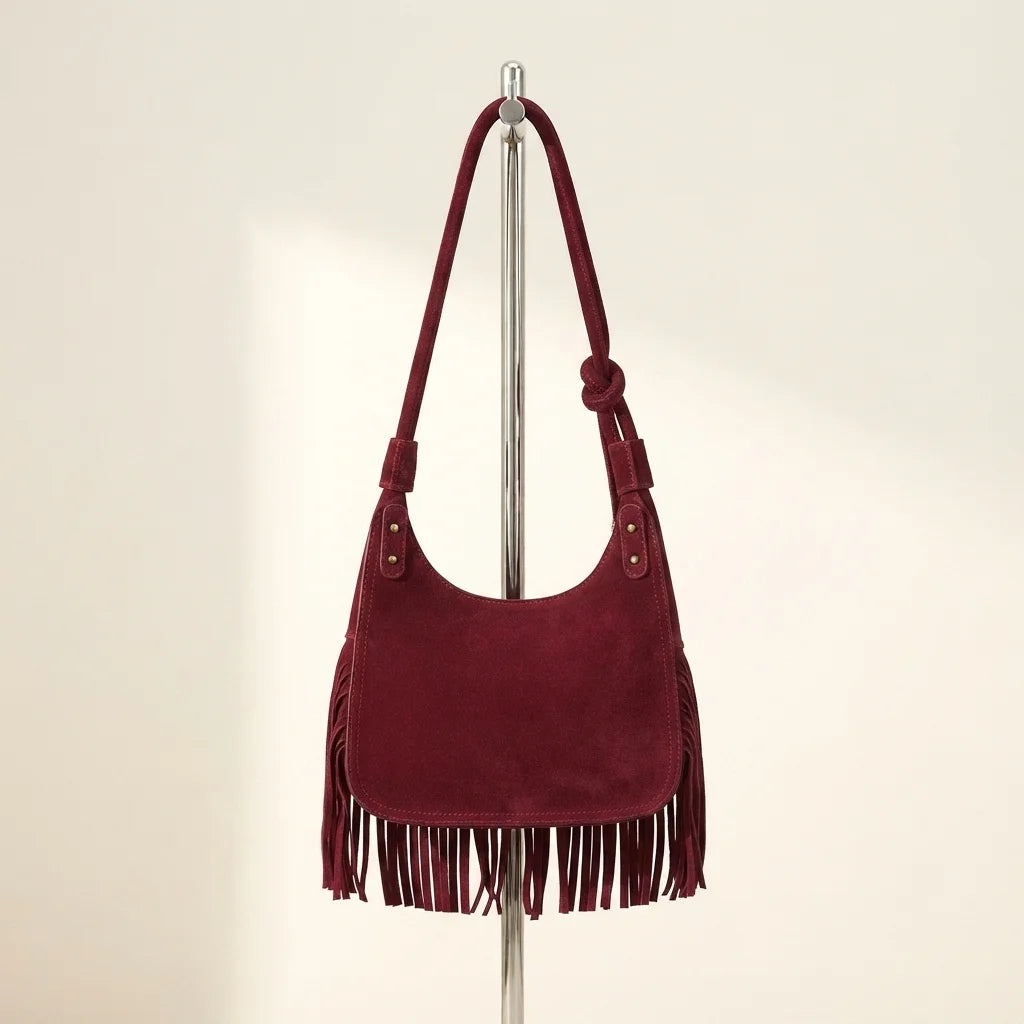 Back panel of Burgundy faux suede fringe bag with strap attachments