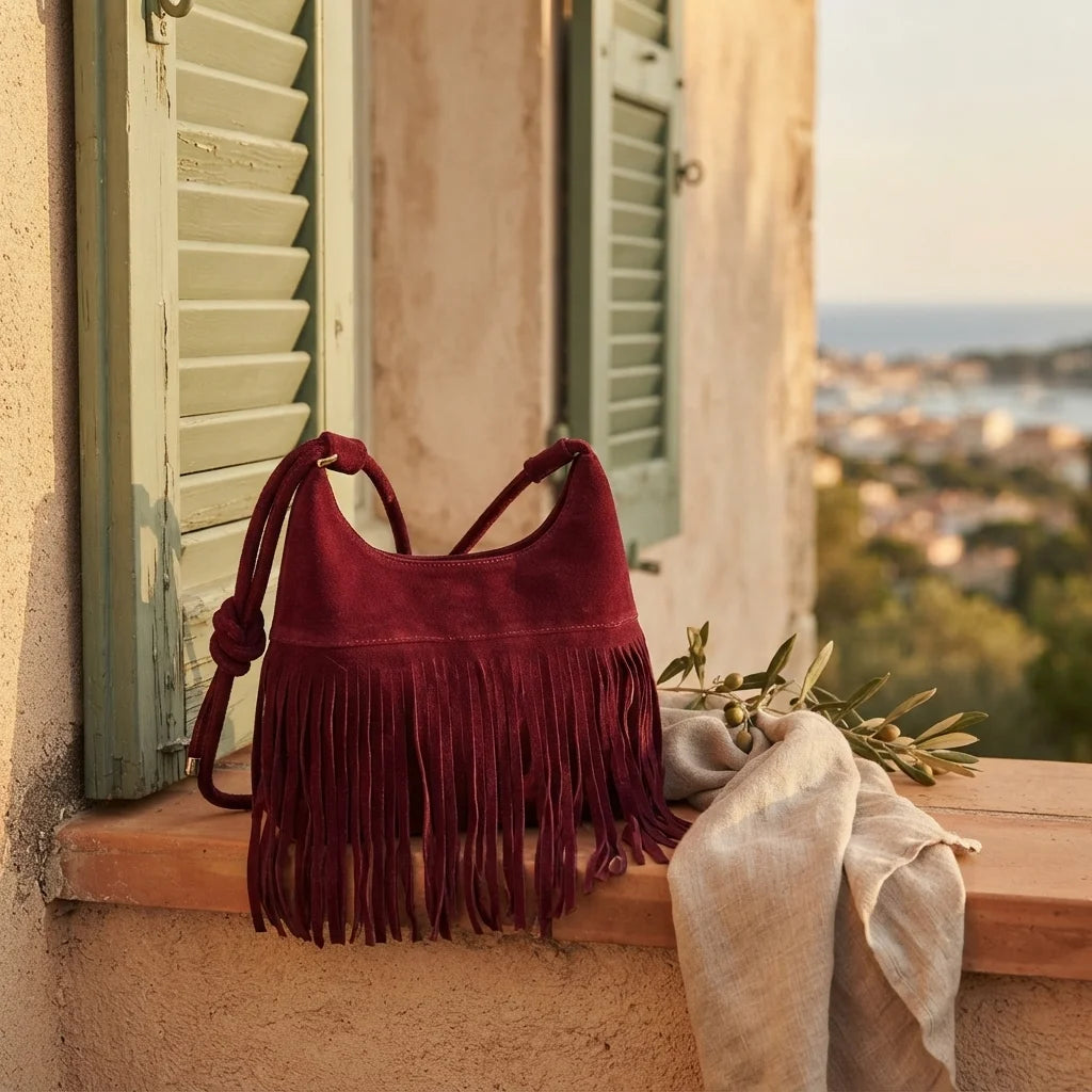 Burgundy faux suede fringe bag styled in a warm Mediterranean setting