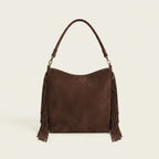 Back panel of Coffee faux suede fringe bag with strap attachments