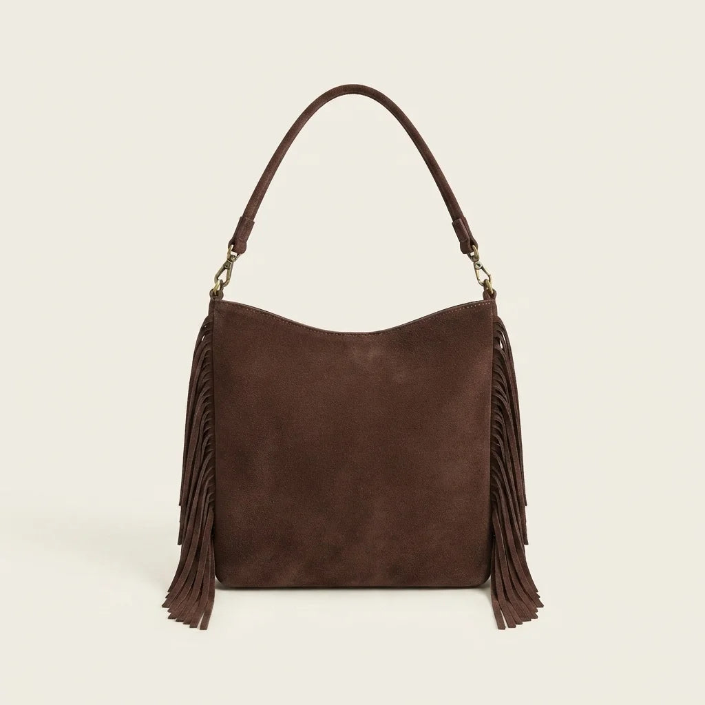 Back panel of Coffee faux suede fringe bag with strap attachments