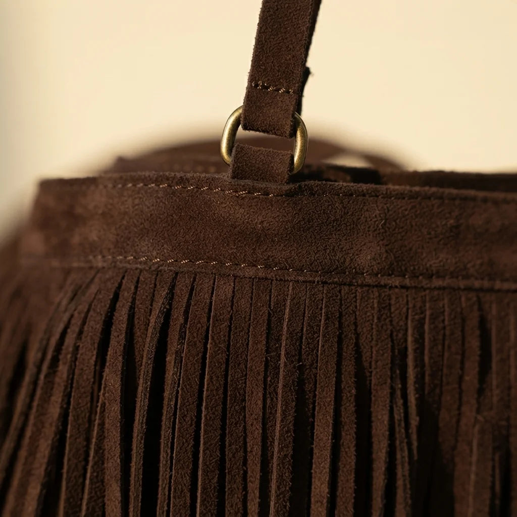 Close-up of fringe stitching and texture on Coffee faux suede fringe bag