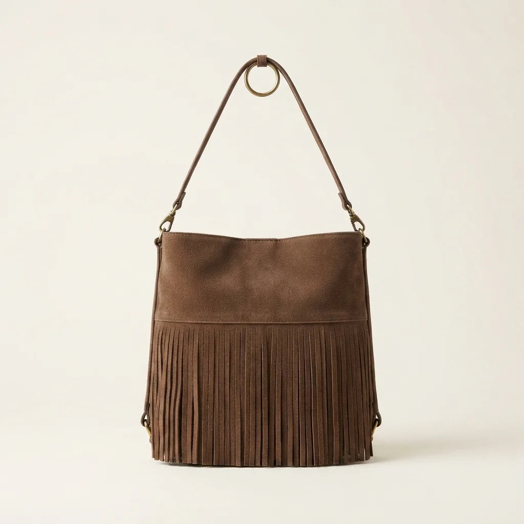 Coffee faux suede fringe bag, front view