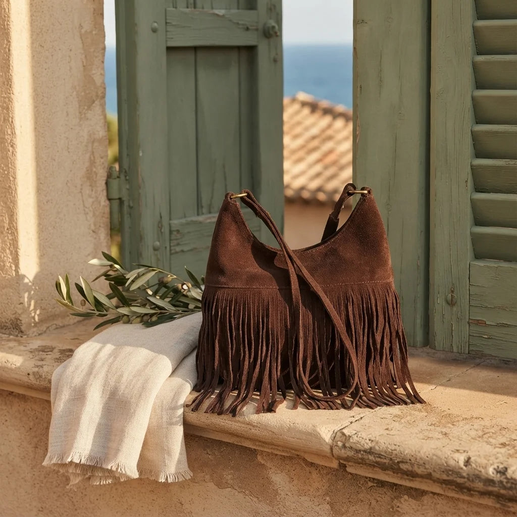 Coffee faux suede fringe bag styled in a warm Mediterranean setting