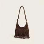 Coffee faux suede fringe bag, three-quarter angle showing side depth