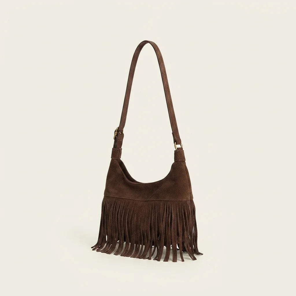 Coffee faux suede fringe bag, three-quarter angle showing side depth