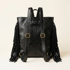 Back panel of Black fringe backpack shoulder bag with strap attachments