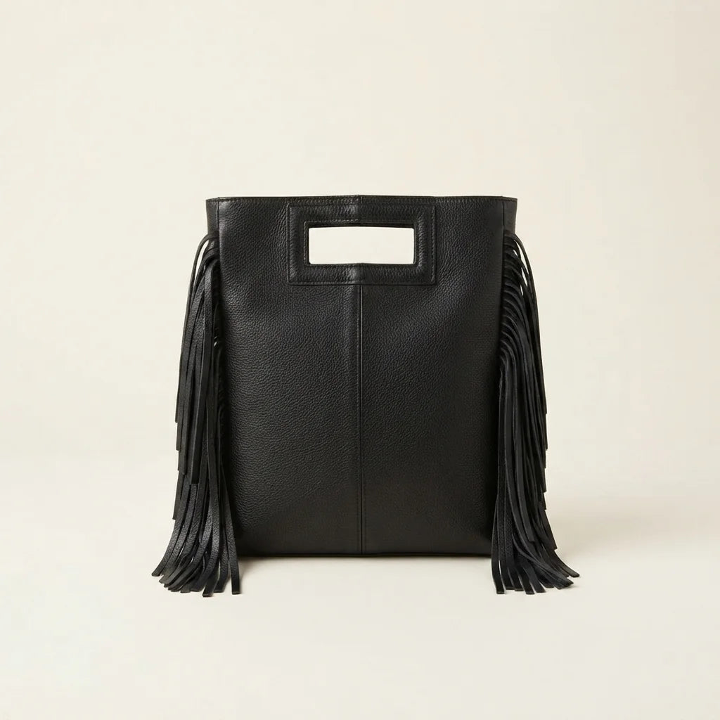 Black fringe backpack shoulder bag, front view