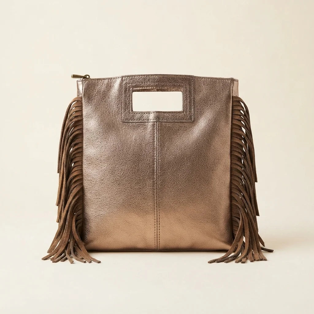 Champagne fringe backpack shoulder bag, front view