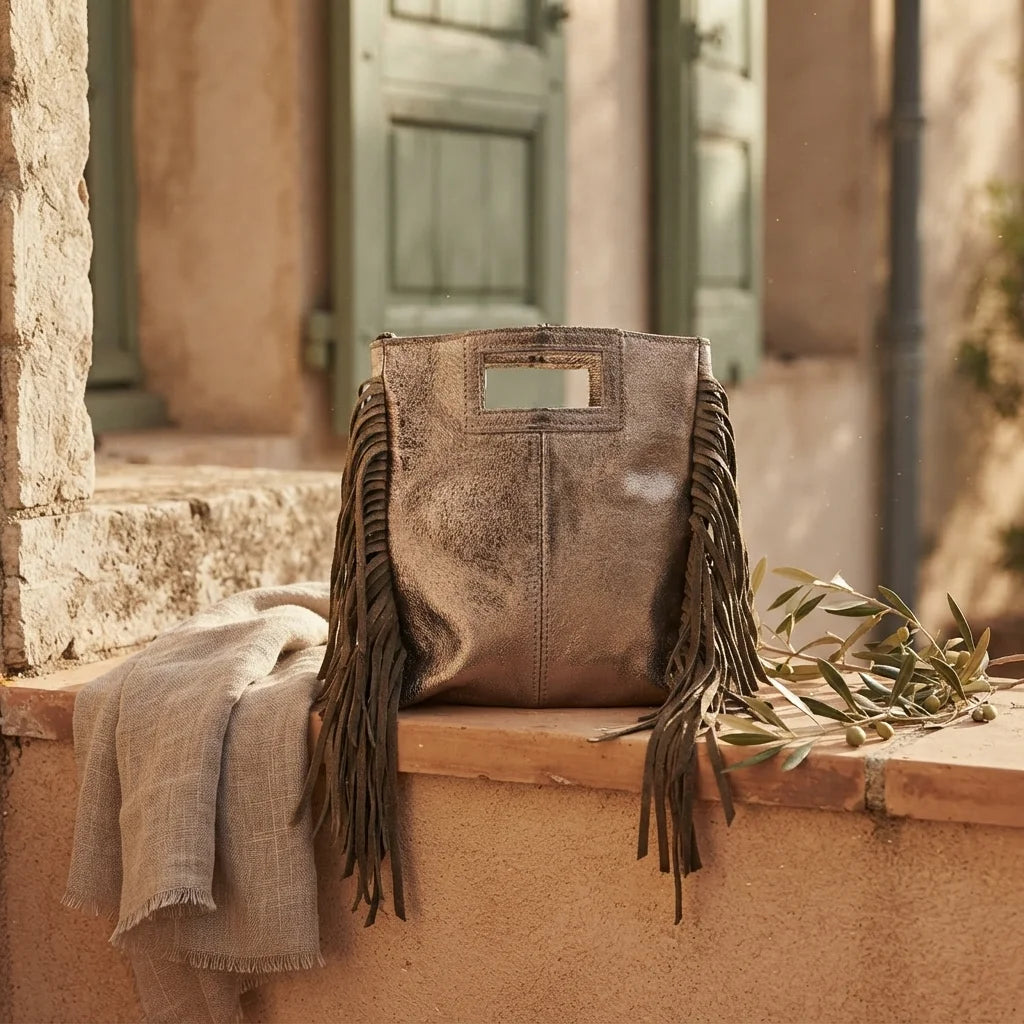 Champagne fringe backpack shoulder bag styled in a warm Mediterranean setting