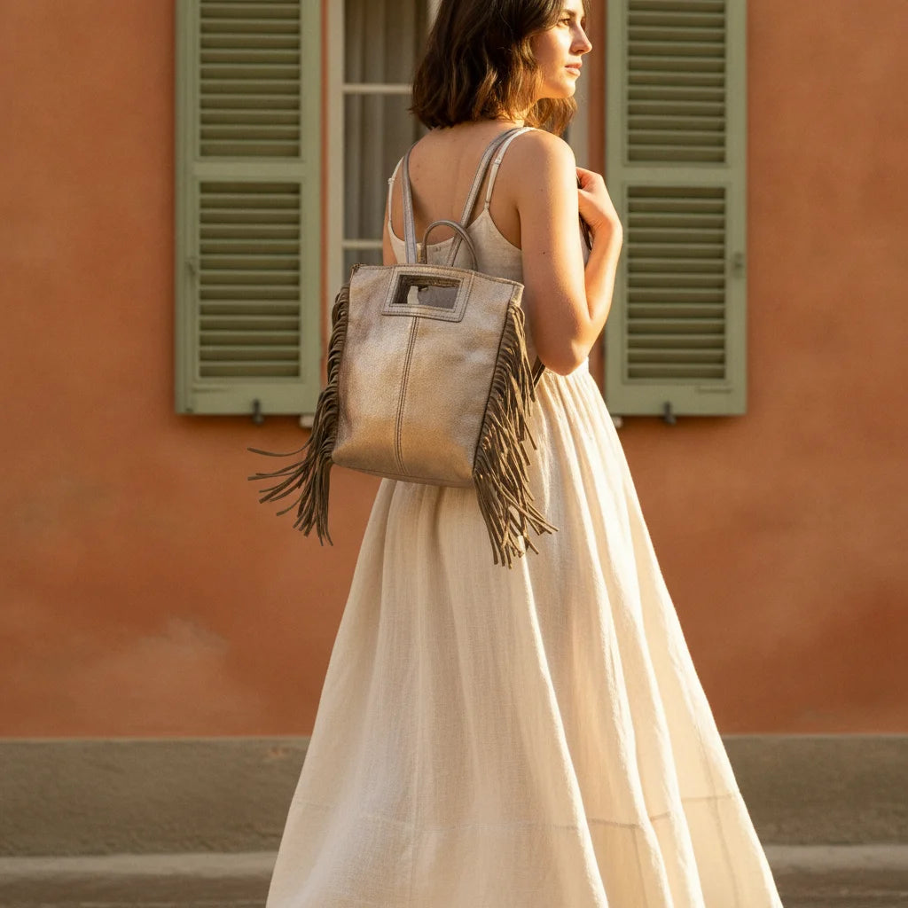 Woman wearing Champagne fringe backpack shoulder bag with swaying fringe