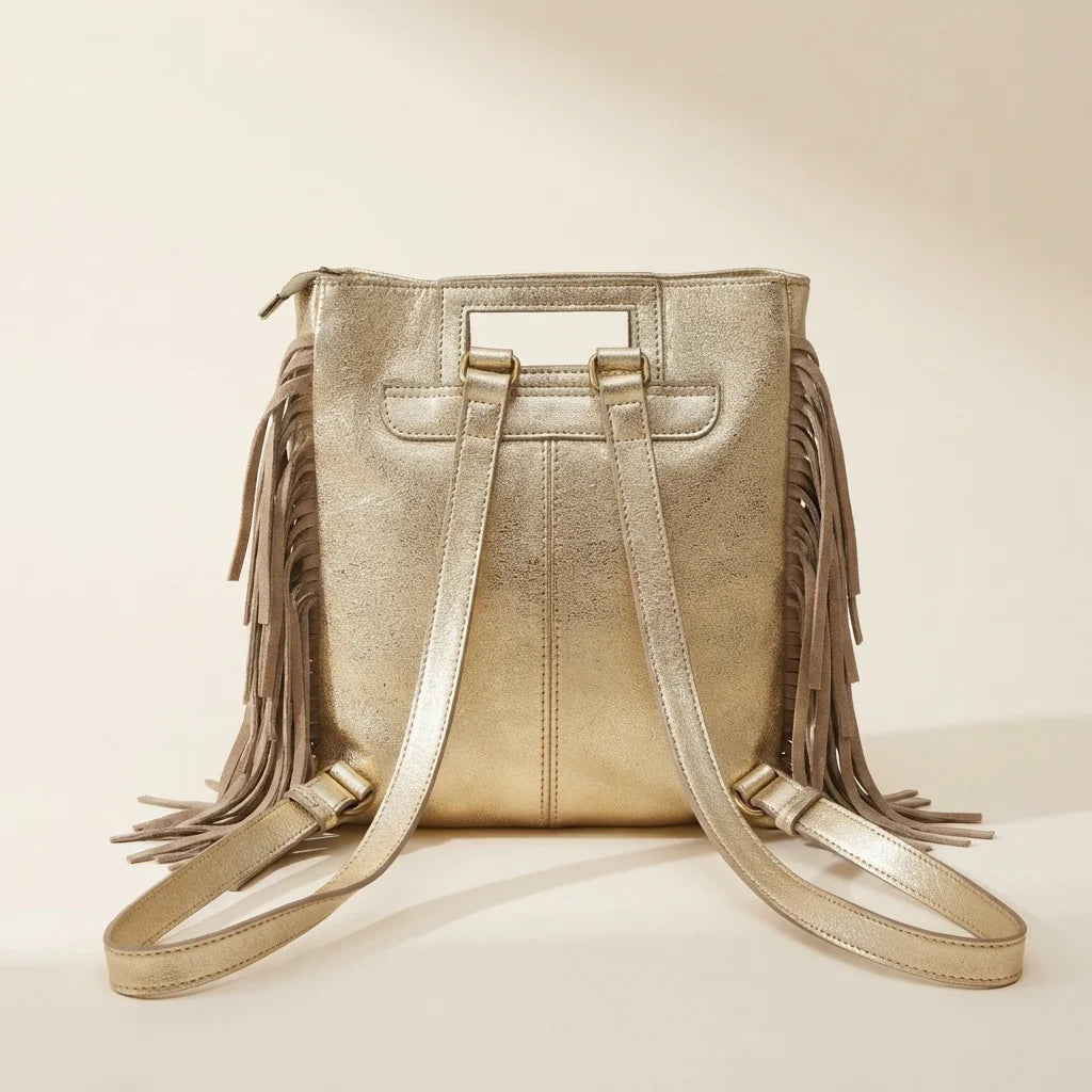 Back panel of Gold fringe backpack shoulder bag with strap attachments