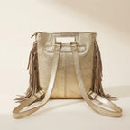 Back panel of Gold fringe backpack shoulder bag with strap attachments