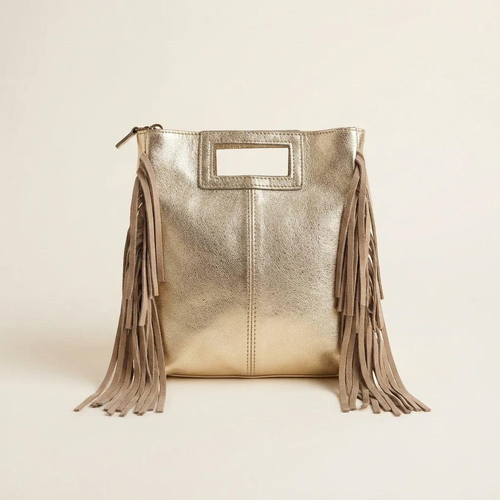 Gold fringe backpack shoulder bag, front view