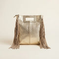 Gold fringe backpack shoulder bag, front view