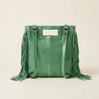 Back panel of Green fringe backpack shoulder bag with strap attachments