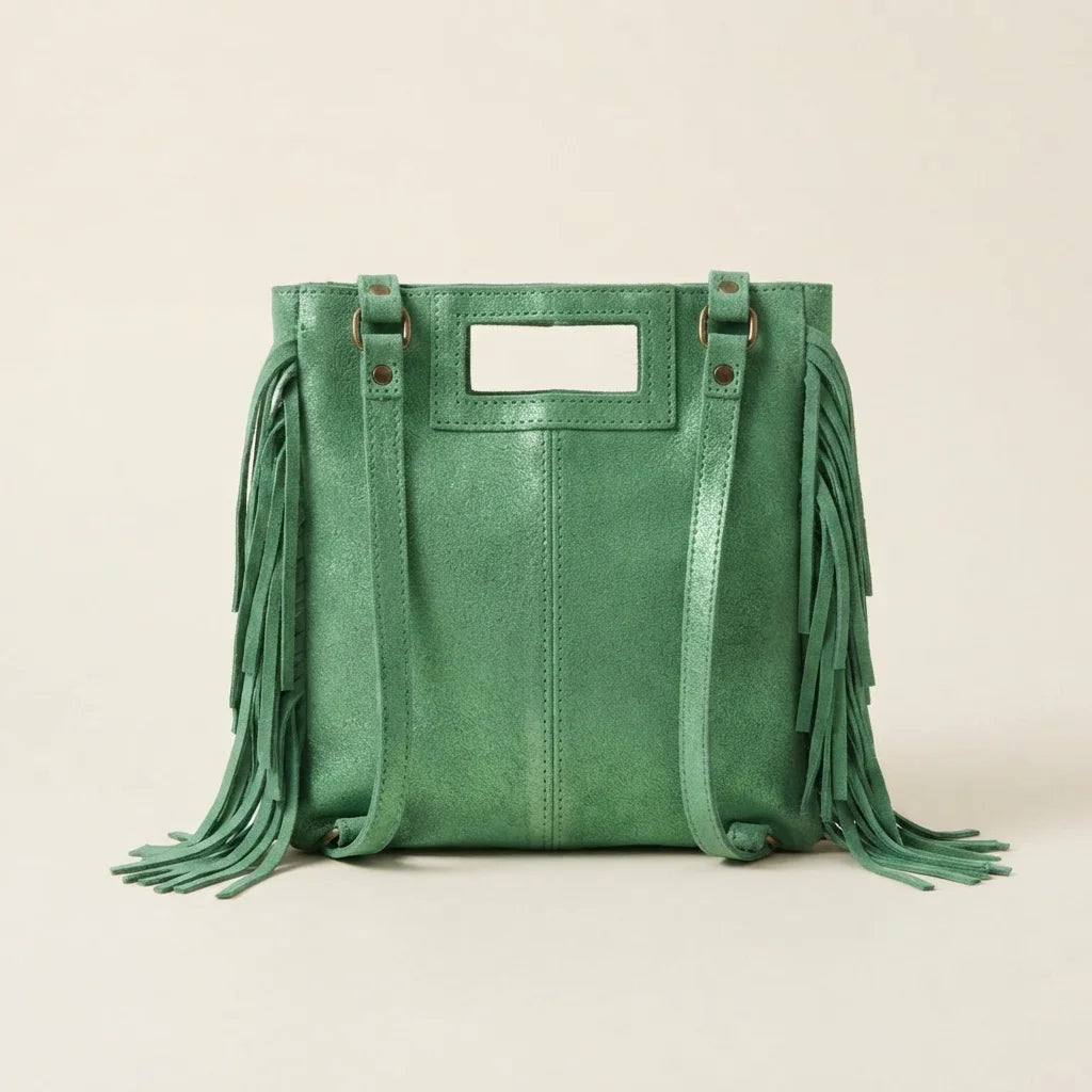 Back panel of Green fringe backpack shoulder bag with strap attachments
