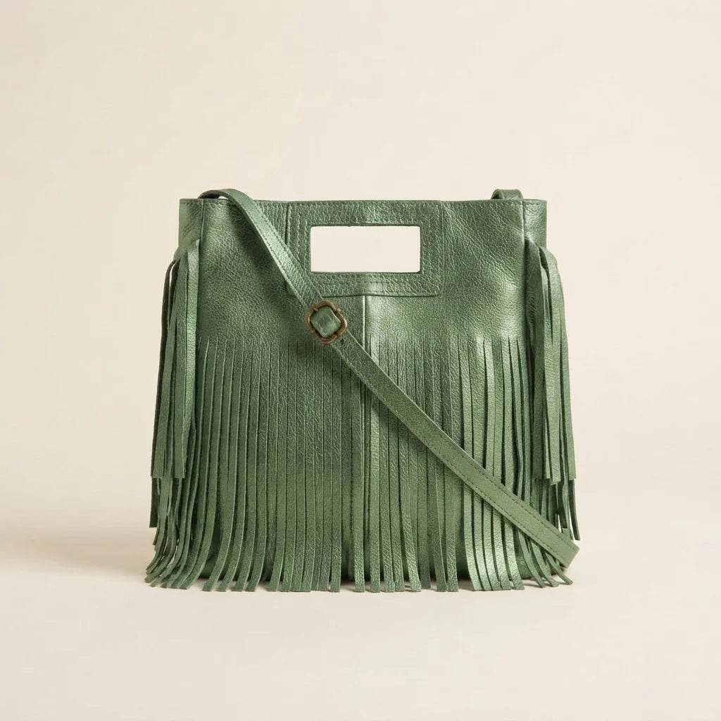 Green fringe backpack shoulder bag, front view