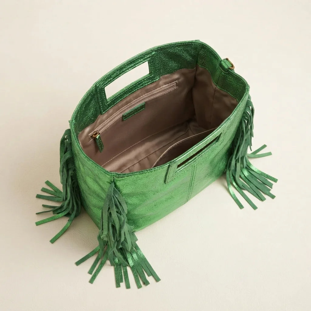 Interior lining and pockets of Green fringe backpack shoulder bag