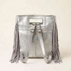 Back panel of Silver fringe backpack shoulder bag with strap attachments
