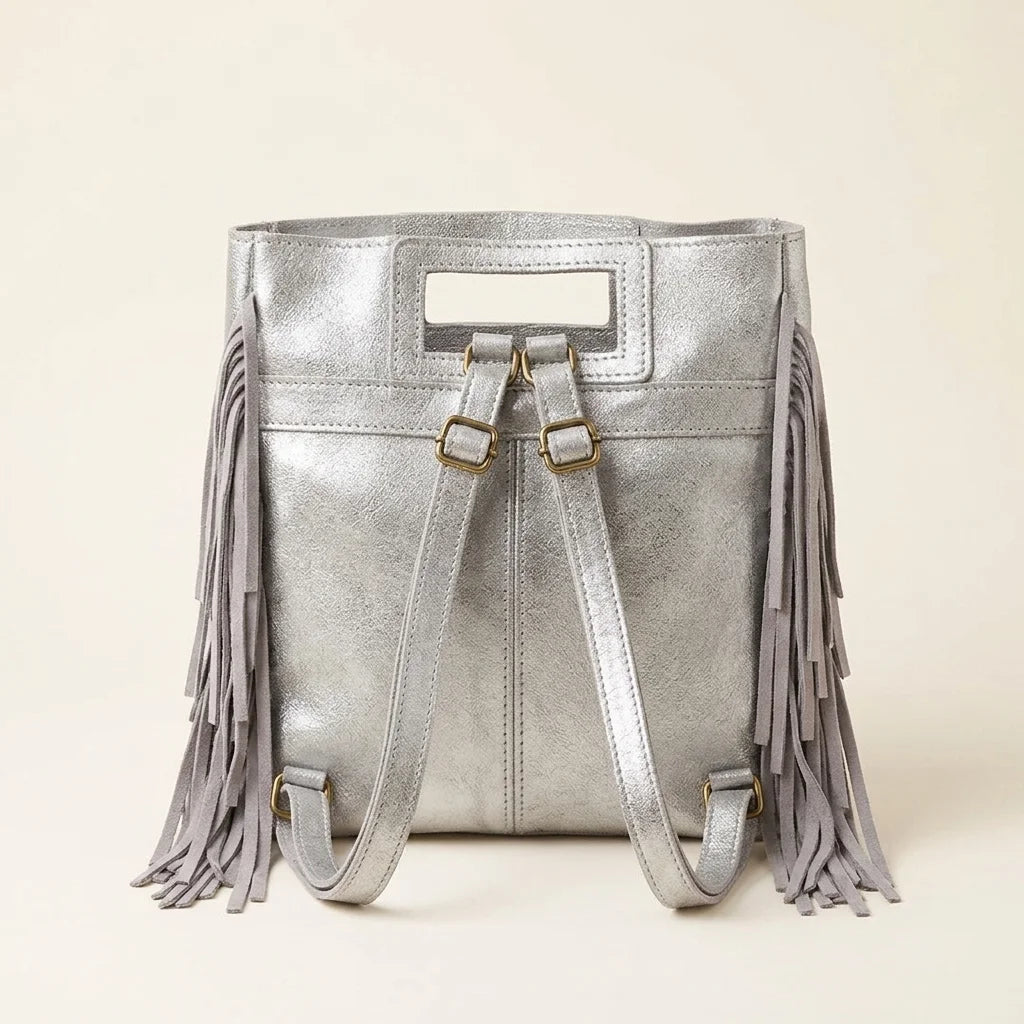 Back panel of Silver fringe backpack shoulder bag with strap attachments