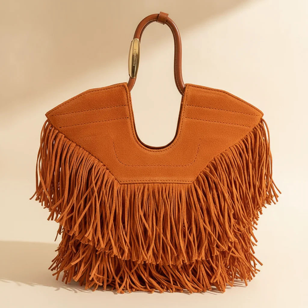 Back panel of Orange fringe beach bag with strap attachments
