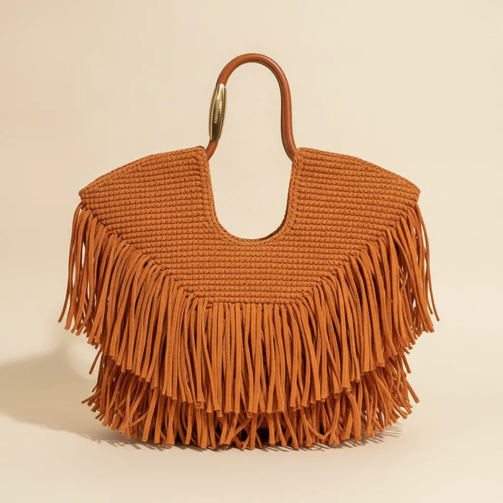 Orange fringe beach bag, front view