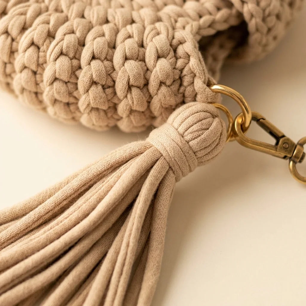 Close-up of fringe stitching and texture on Beige fringe bucket bag crossbody