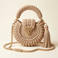 Beige fringe bucket bag crossbody, front view