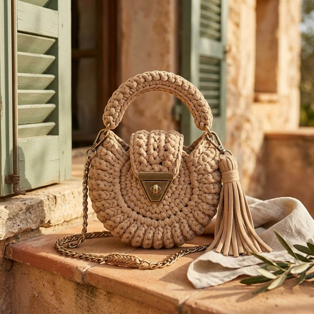 Beige fringe bucket bag crossbody styled in a warm Mediterranean setting