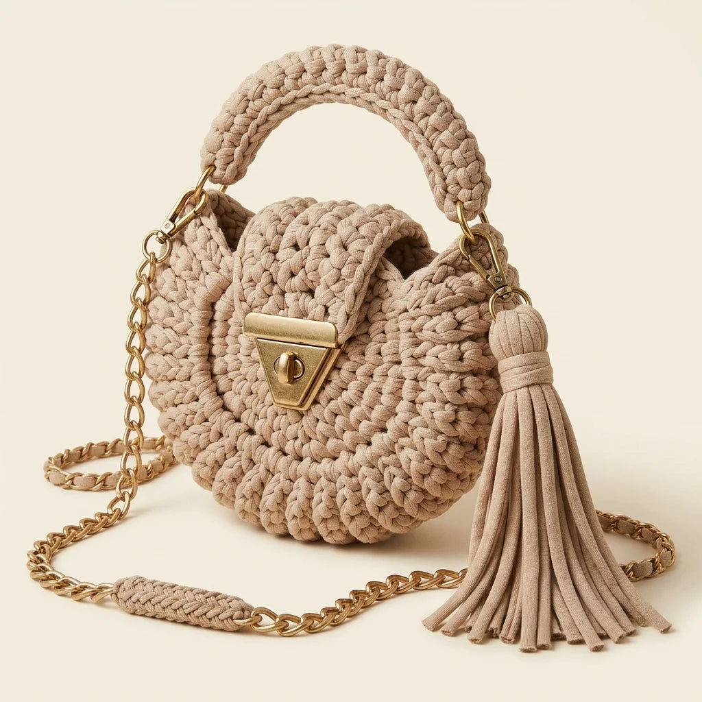 Beige fringe bucket bag crossbody, three-quarter angle showing side depth