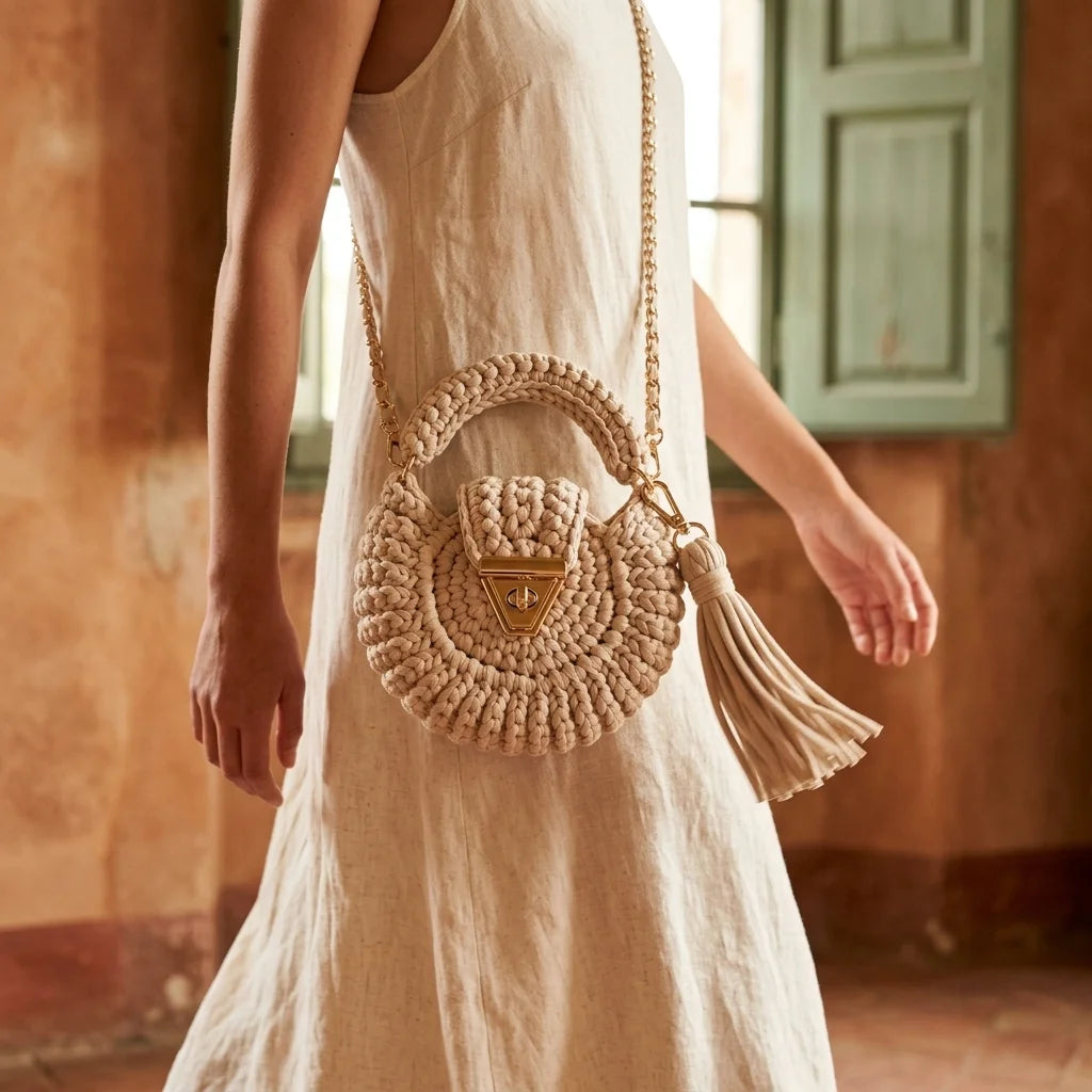 Woman wearing Beige fringe bucket bag crossbody with swaying fringe