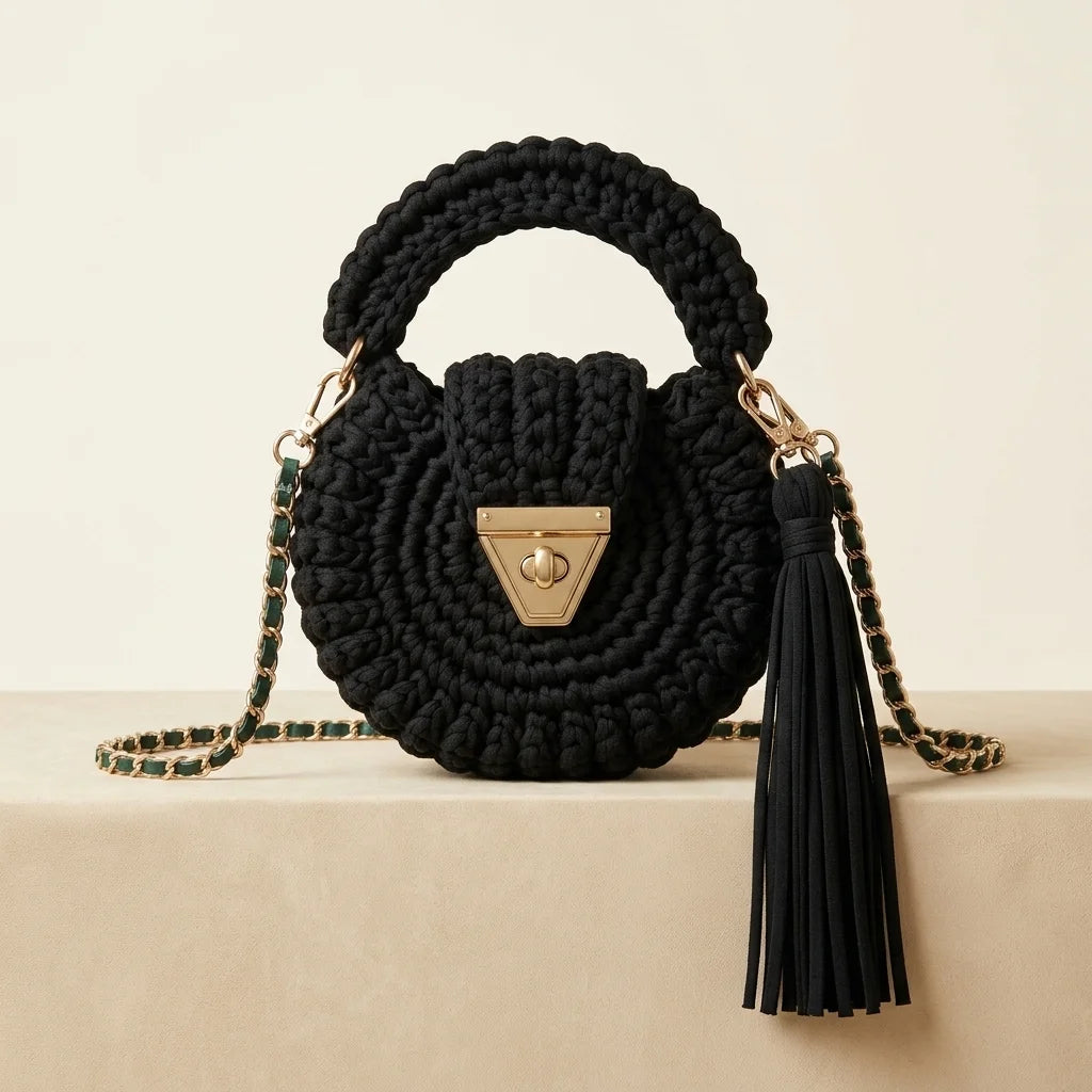 Black fringe bucket bag crossbody, front view