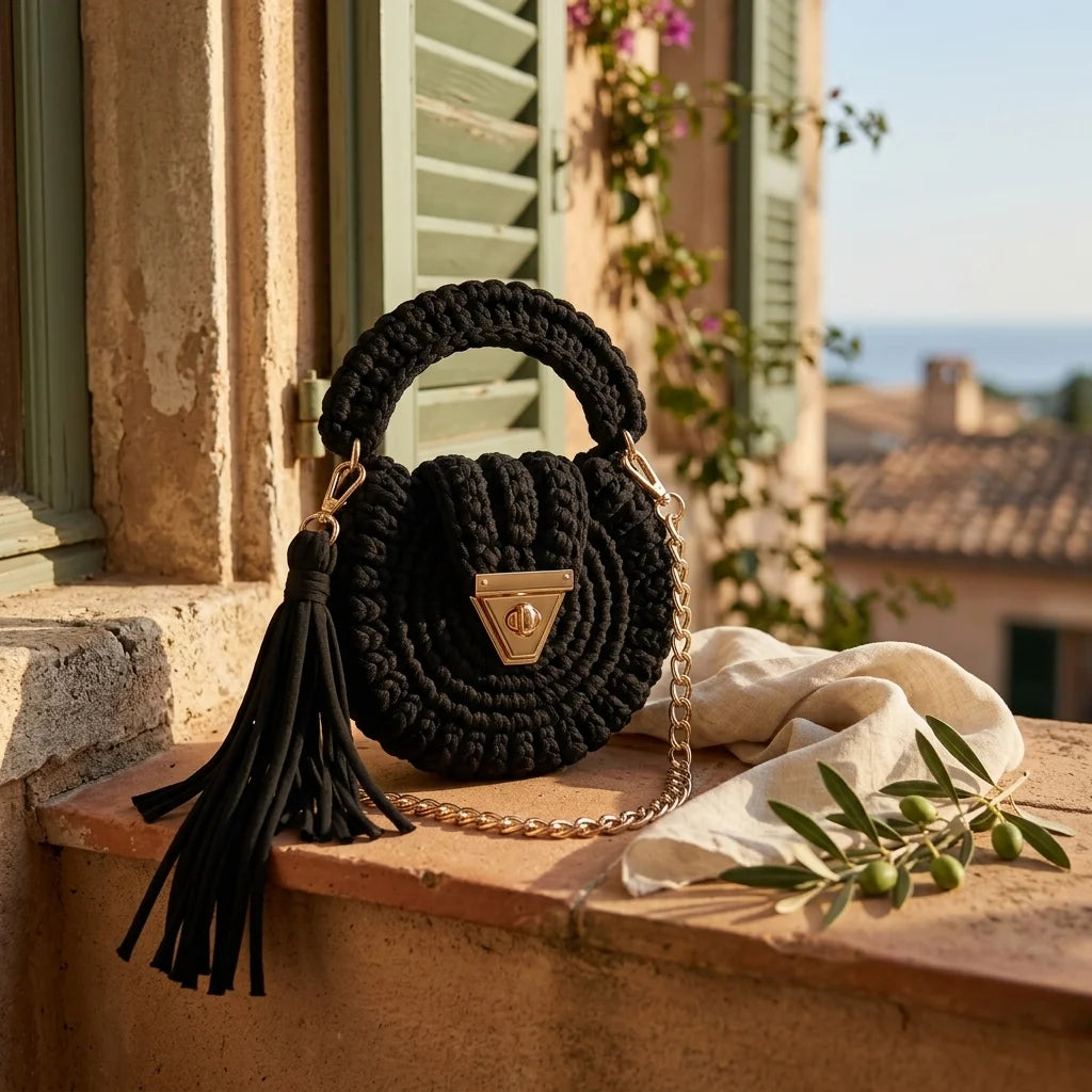 Black fringe bucket bag crossbody styled in a warm Mediterranean setting