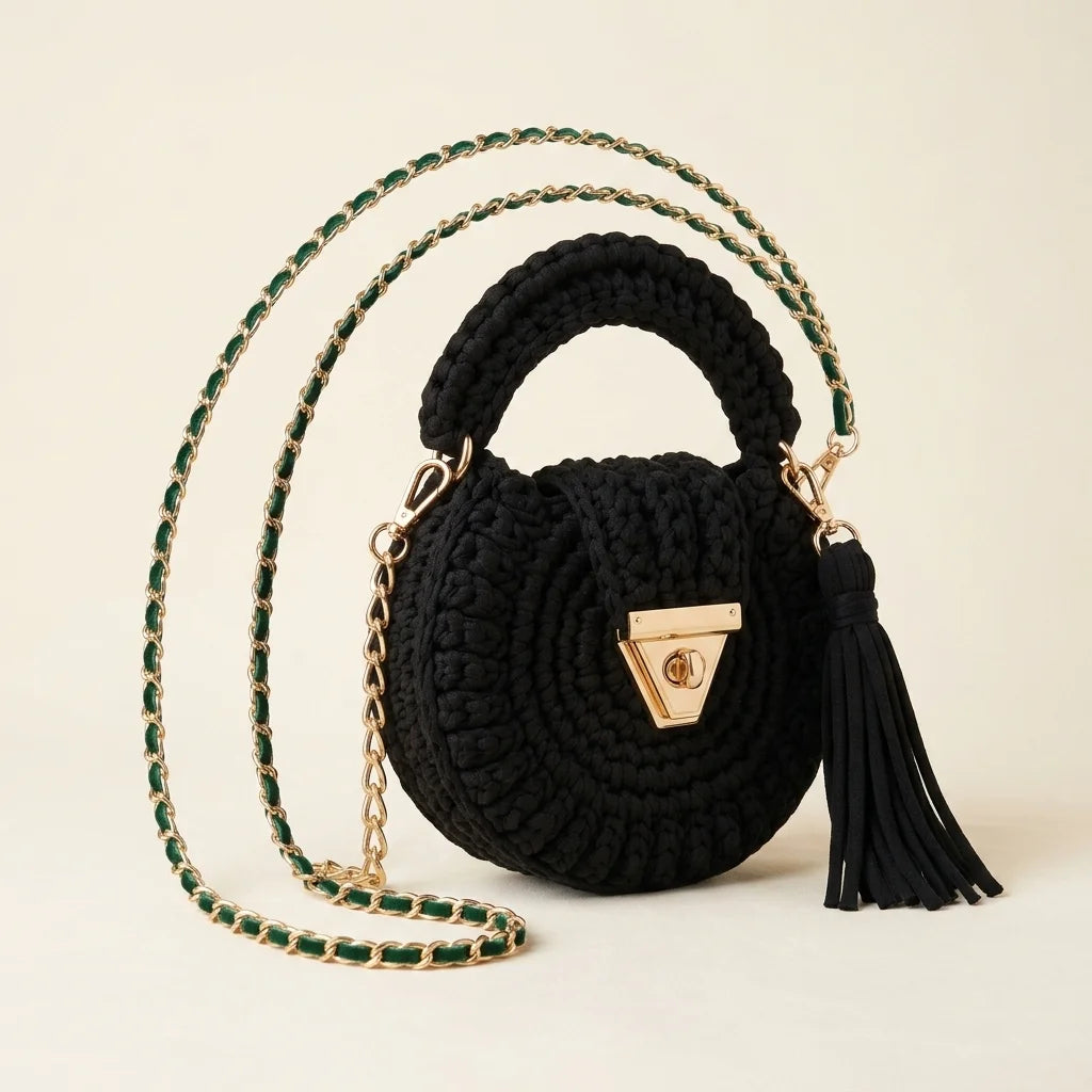 Black fringe bucket bag crossbody, three-quarter angle showing side depth