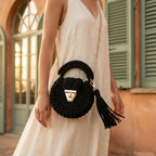 Woman wearing Black fringe bucket bag crossbody with swaying fringe