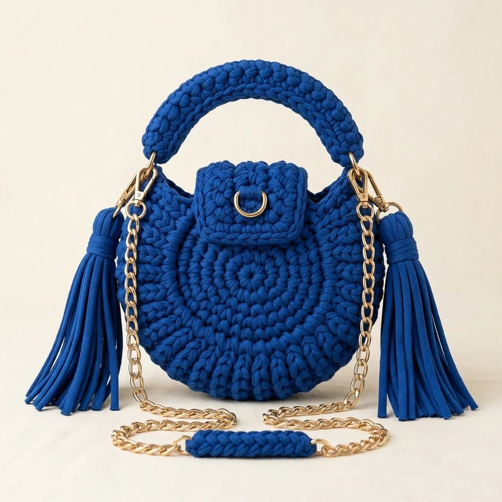 Back panel of Blue fringe bucket bag crossbody with strap attachments