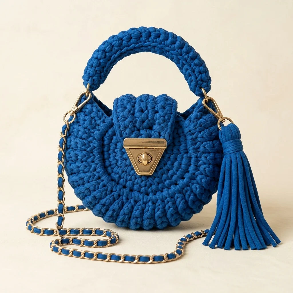 Blue fringe bucket bag crossbody, front view