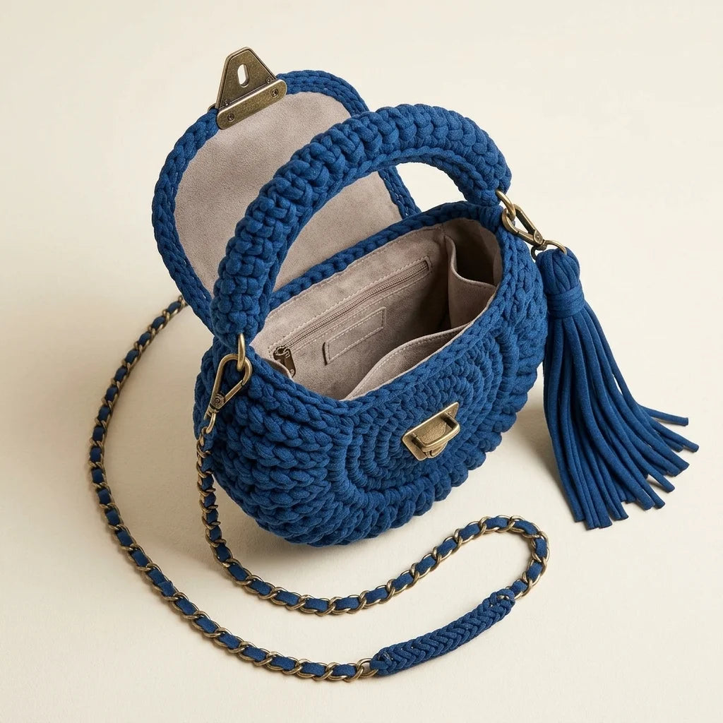 Interior lining and pockets of Blue fringe bucket bag crossbody