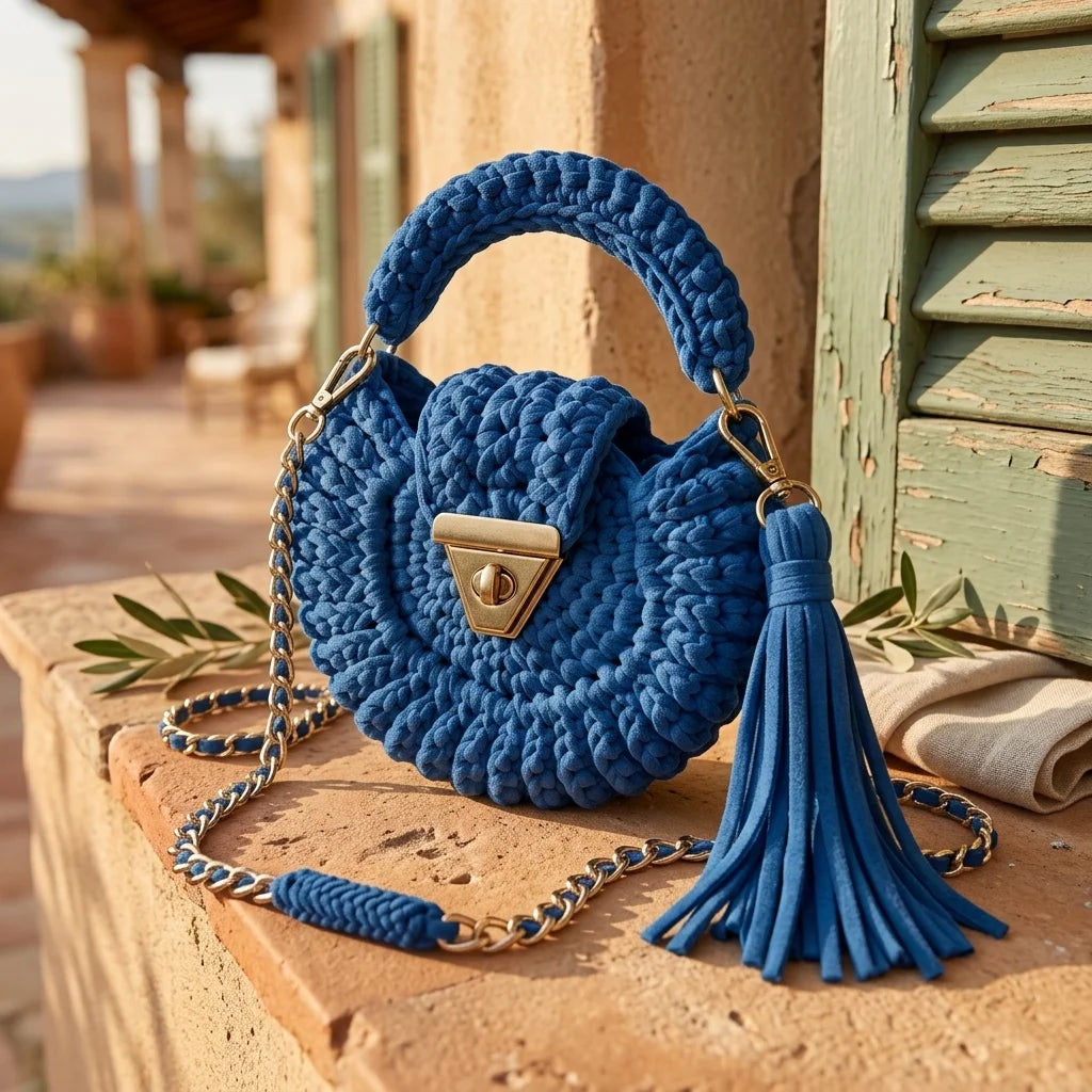 Blue fringe bucket bag crossbody styled in a warm Mediterranean setting
