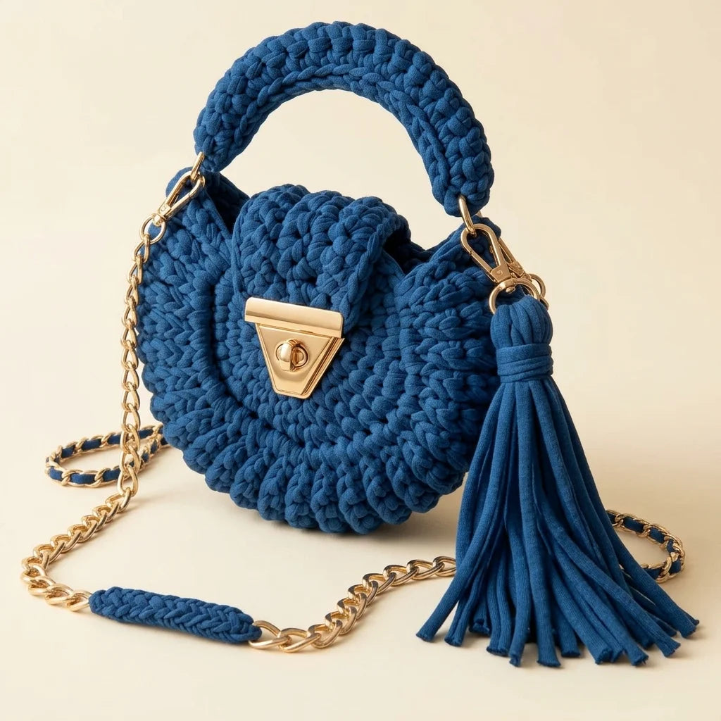 Blue fringe bucket bag crossbody, three-quarter angle showing side depth