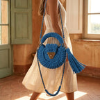 Woman wearing Blue fringe bucket bag crossbody with swaying fringe