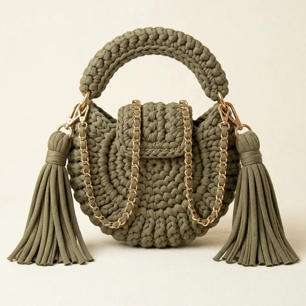 Back panel of Khaki fringe bucket bag crossbody with strap attachments