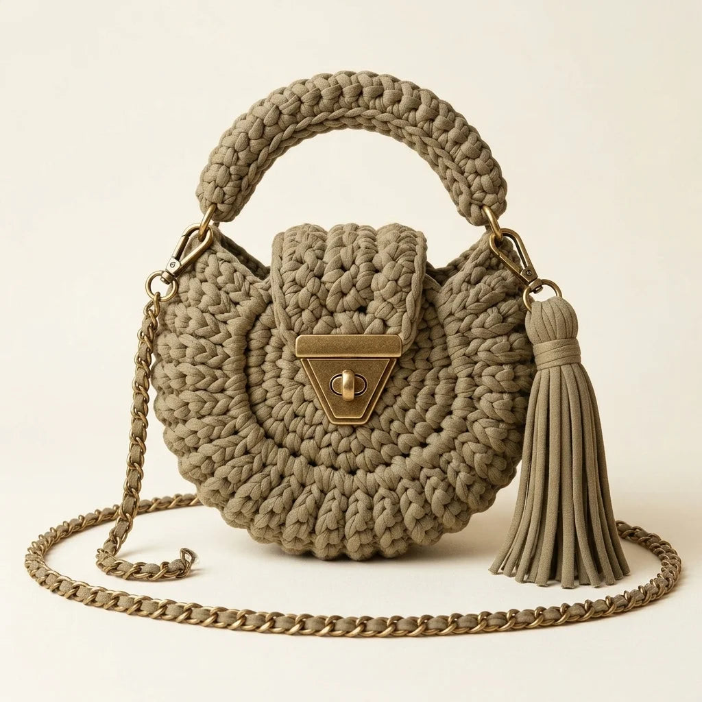 Khaki fringe bucket bag crossbody, front view