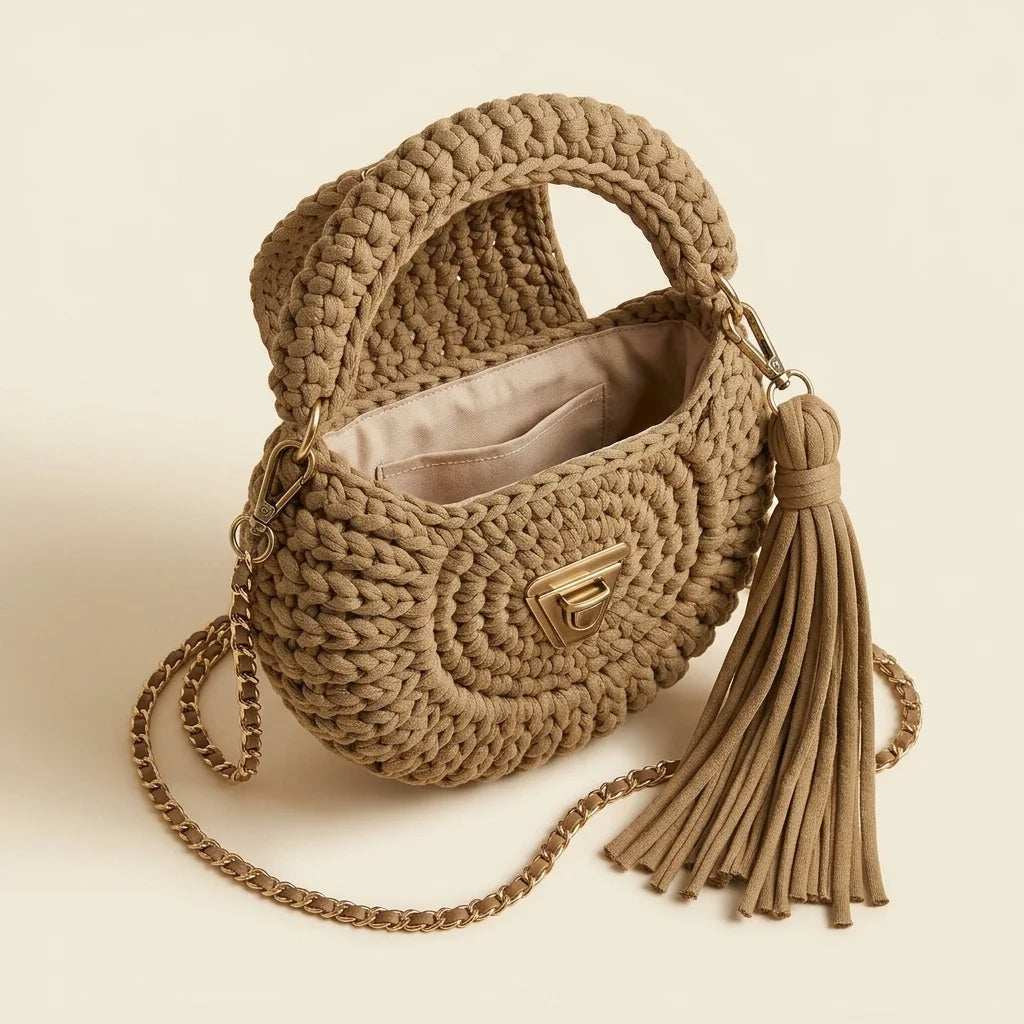 Interior lining and pockets of Khaki fringe bucket bag crossbody