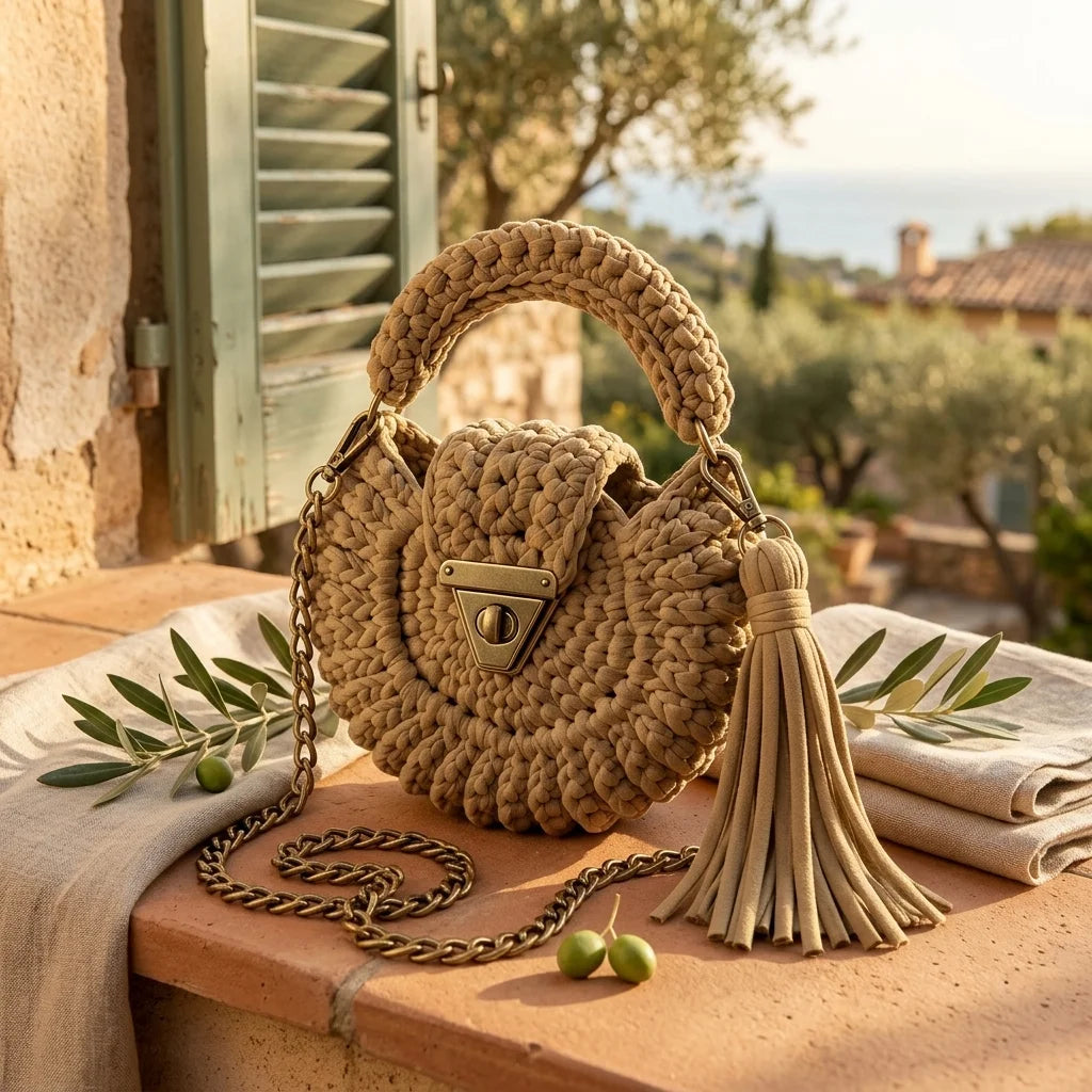 Khaki fringe bucket bag crossbody styled in a warm Mediterranean setting