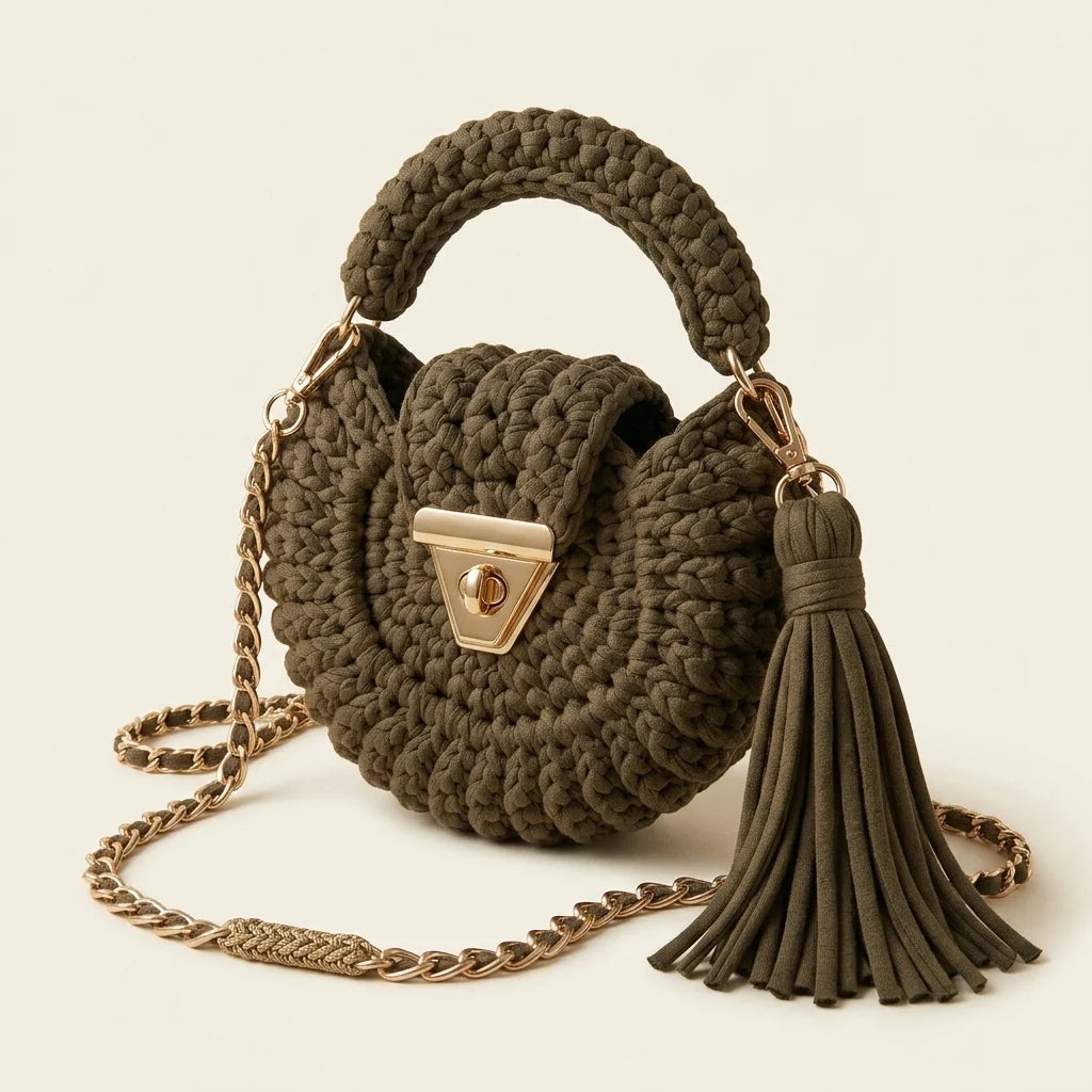 Khaki fringe bucket bag crossbody, three-quarter angle showing side depth